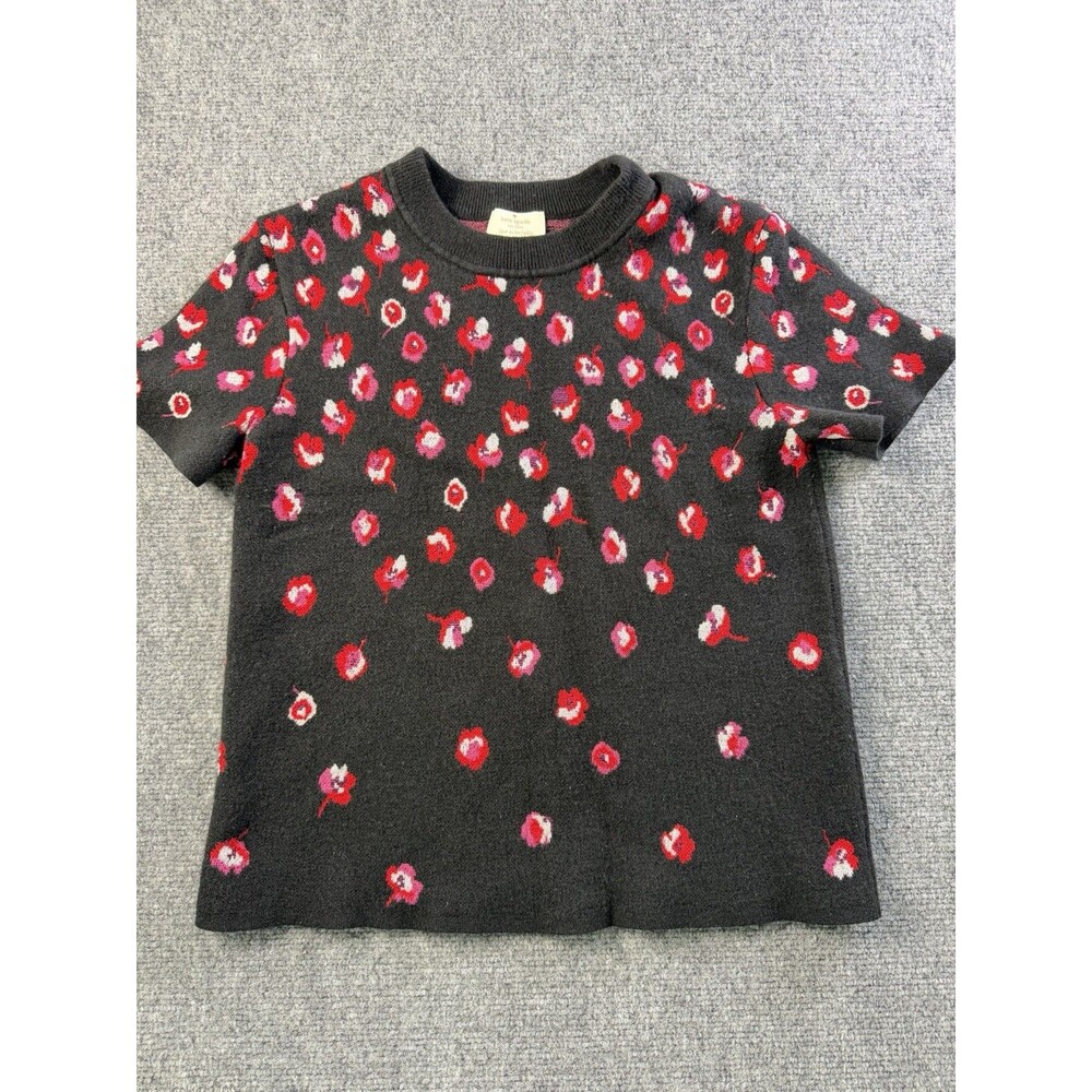 Kate Spade New York Sweater Womens M Black Floral Short Sleeve Knit Top